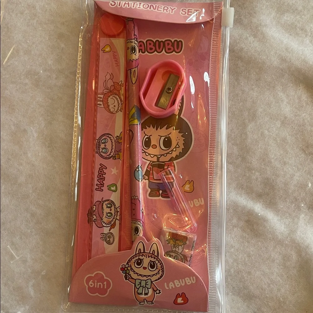 Labubu gift bundle pens hair ties key charm cards pencil set stickers gift bag